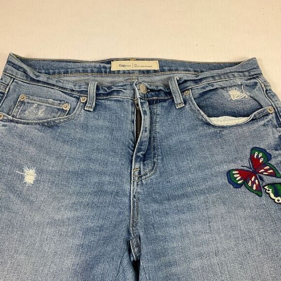 GAP Best Girlfriend Cropped Jeans Blue Embroidered Frayed Torn High Rise Size 28 - Picture 4 of 12
